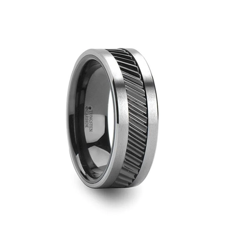 CALIXTO Gear Teeth Pattern Black Ceramic And Tungsten Wedding Band 6mm - 10mm