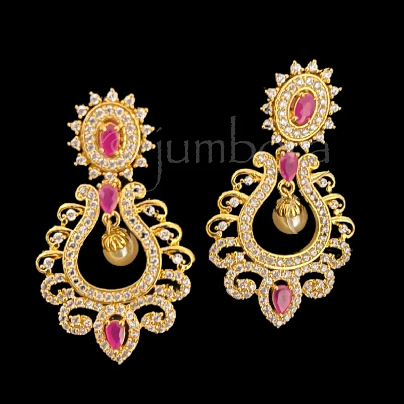 sterling silver earrings -Zircon (AD) Chaandbali Earring with White and Ruby Red stones