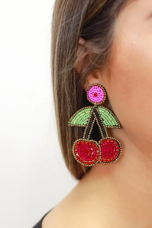 romantic earrings for women -Wild Cherry Beaded Earrings