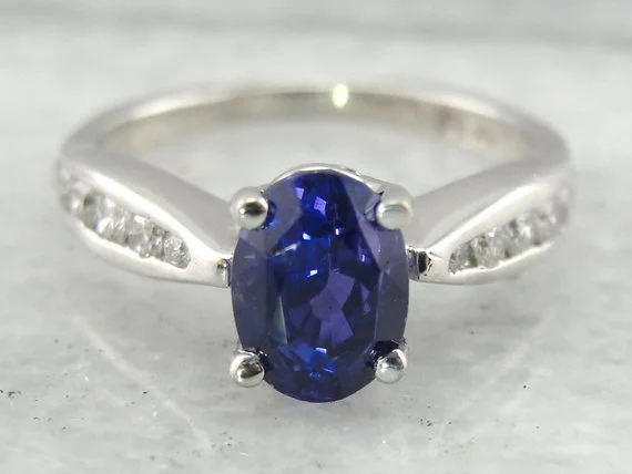 simple engagement rings -Exceptional Quality: Ceylon Sapphire and Diamond Platinum Modern Engagement Ring