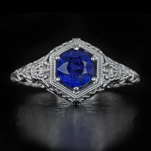 bold engagement rings -VINTAGE STYLE 1ct NATURAL SAPPHIRE ART NOUVEAU ENGAGEMENT RING FLORAL COCKTAIL