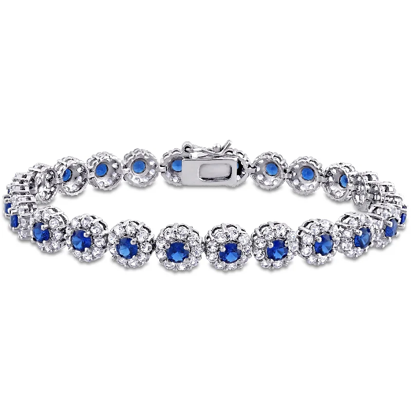 classic engagement rings -Mimi & Max 11 1/3ct TGW Created Blue and White Sapphire Halo Tennis Bracelet in Sterling Silver