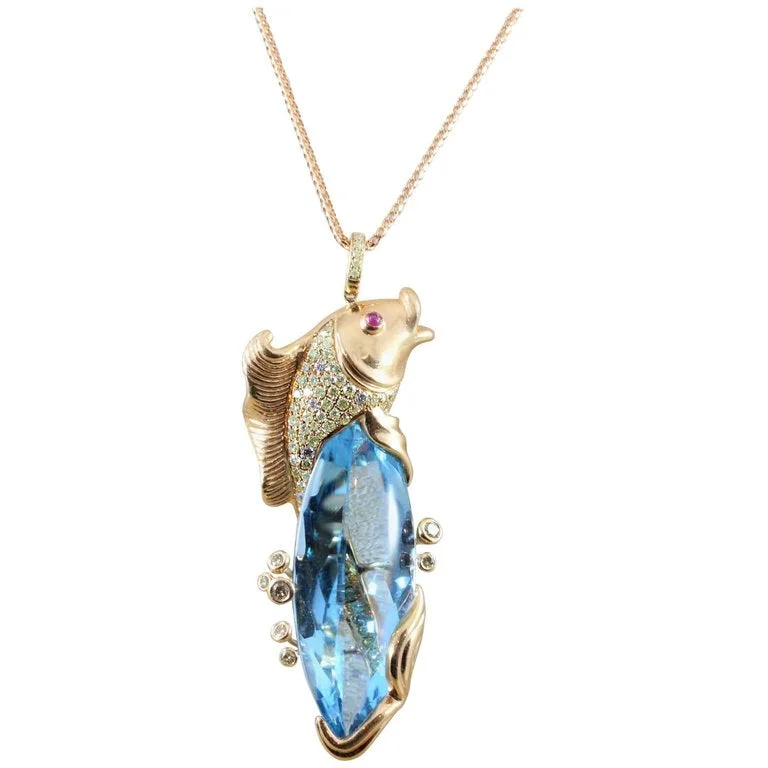 hand-crafted gold necklaces for women -Blue Topaz Diamond Gold Koi Fish Pendant Necklace