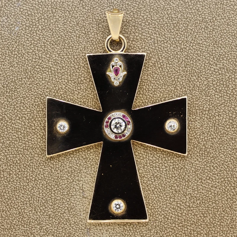 fashion necklaces for women -Large Gold Cross Diamond Ruby Pendant