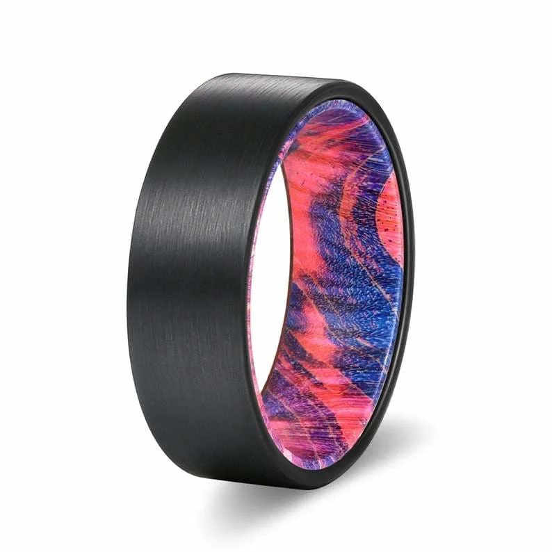 DANTON Men's Flat Black Tungsten Ring with Red/Blue Box Elder Wood Sleeve 8mm