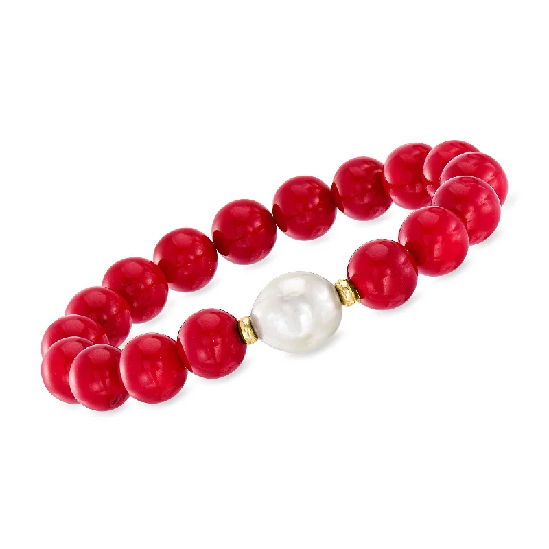 floral rings for women -Ross-Simons 10mm Red Coral and 12-13mm Cultured Pearl Stretch Bracelet With 14kt Yellow Gold