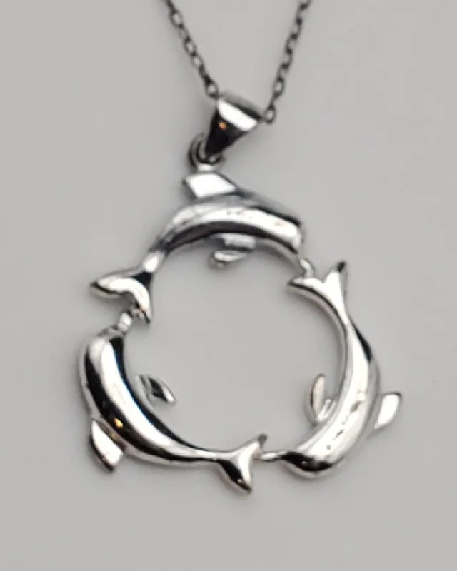 pendant necklaces for women -Dolphins Sterling Silver Hoop Pendant on Sterling Silver Chain Necklace - 18.5"