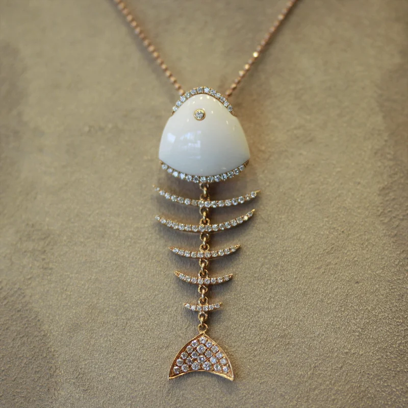 minimalist necklaces for women -White Onyx Diamond Gold Fish-Bone Pendant Necklace