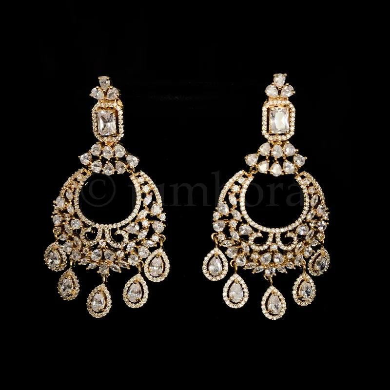 women’s ear cuff earrings -Designer Contemporary White Zircon (CZ) Stone Long Statement Earring