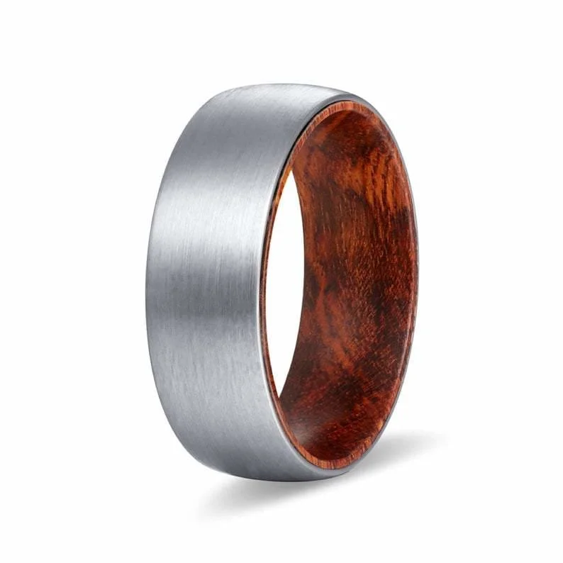 KALIF Men's Domed Tungsten Carbide Ring Brushed w/ Snake Wood Sleeve - 8MM