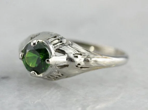 women’s radiant cut engagement rings -Art Deco Demantoid Garnet Solitaire Engagement Ring