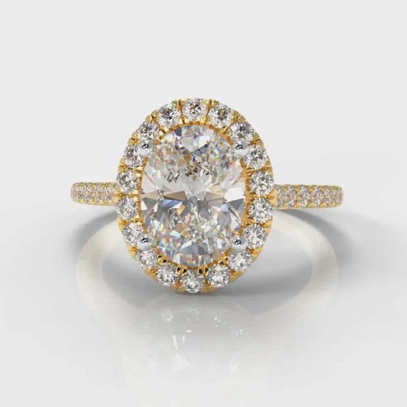 modern diamond engagement rings -Petite Micropavé Oval Diamond Halo Engagement Ring - Yellow Gold