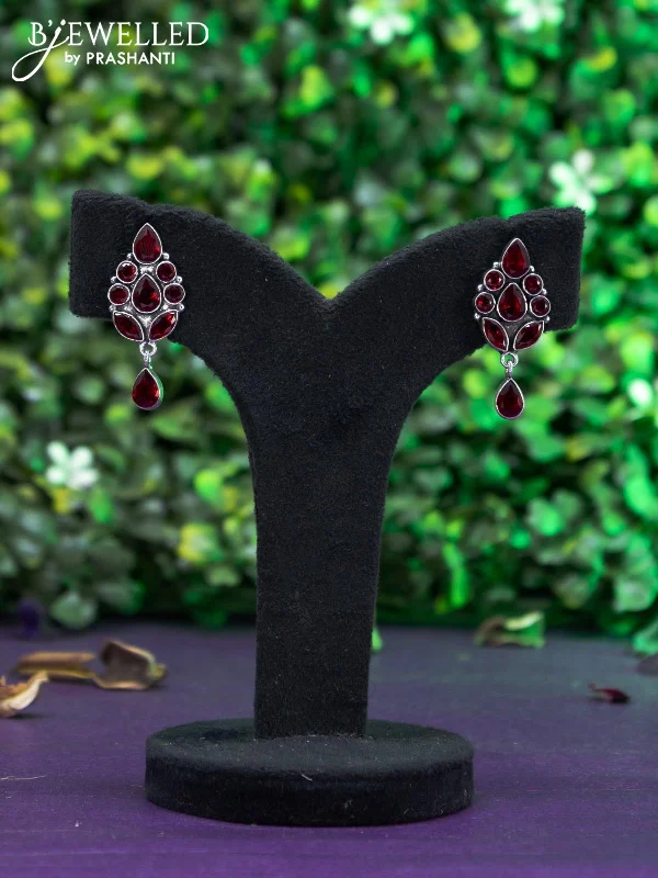 luxury gold earrings -Oxidised earring with maroon stones and hanging