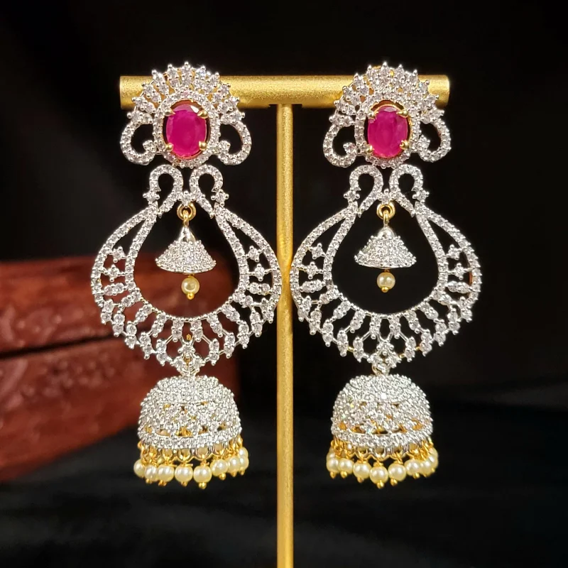 vintage stud earrings for women -4-in-one Changeable Ruby & White AD Zircon Jhumka Earring