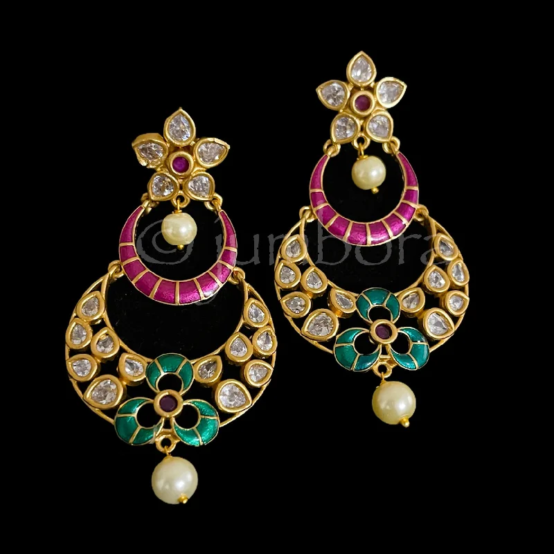 intricate earrings for women -Enamel painted AD Zircon(CZ) Chandbali Earring