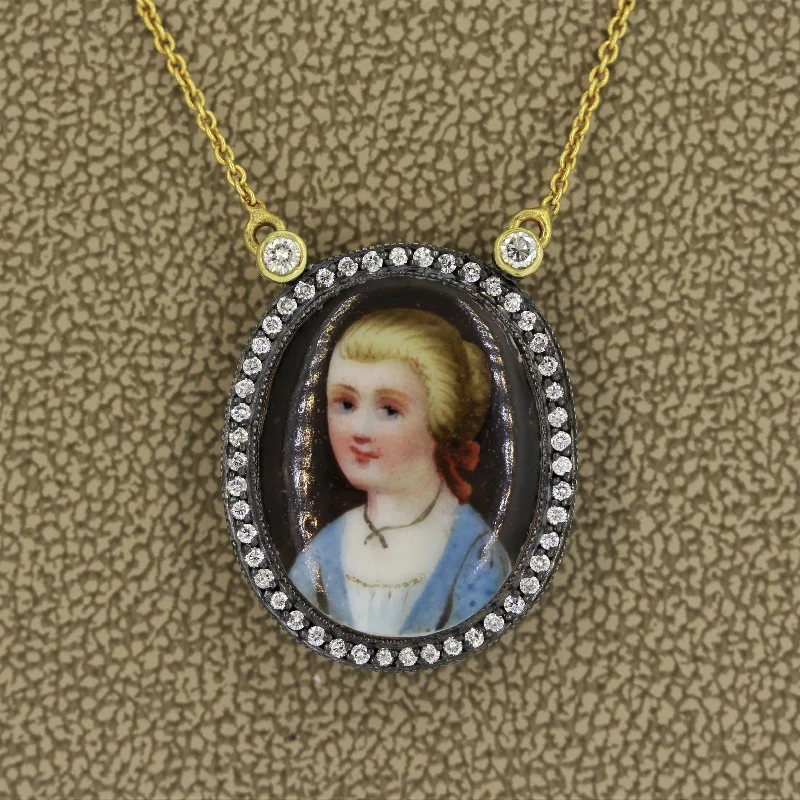 heart-shaped necklaces for women -Mid-Century Enamel Portrait Diamond Gold Necklace