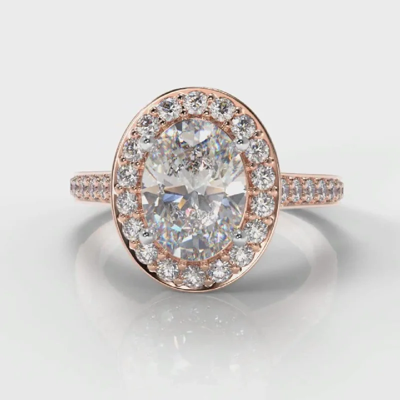 luxury platinum engagement rings -Pavé Oval Diamond Halo Engagement Ring - Rose Gold