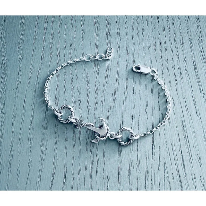 sterling silver bangles -Anchor's Haven Anchor and Rope Silver Bracelet