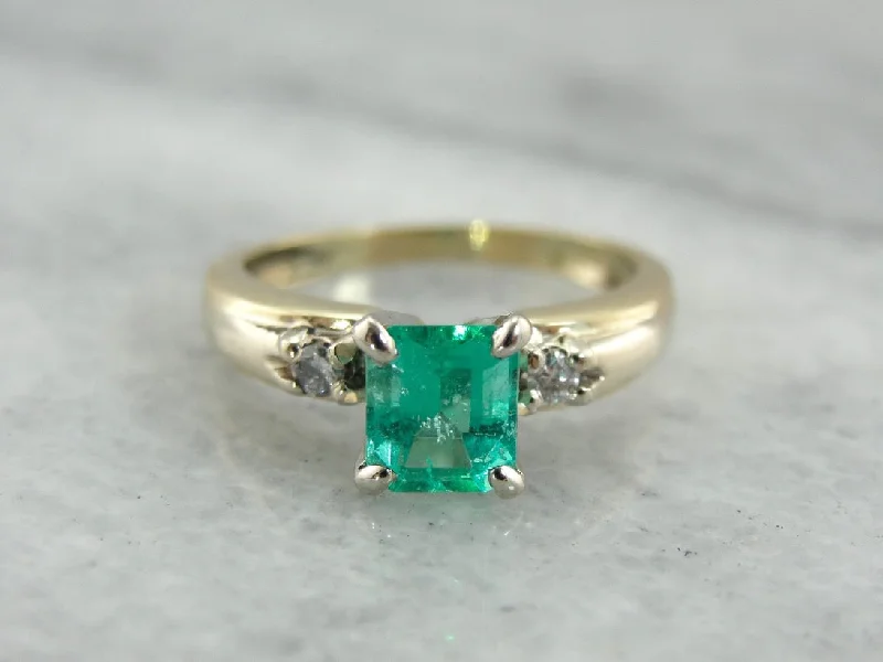 affordable solitaire engagement rings -Modern Emerald Engagement Ring with Accents Diamonds in Yellow Gold