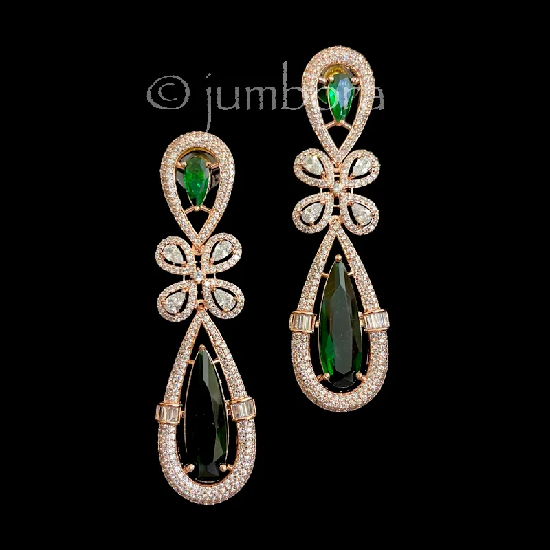 delicate earrings for women -Emerald Green Rose gold Long AD Zircon (CZ) Earrings