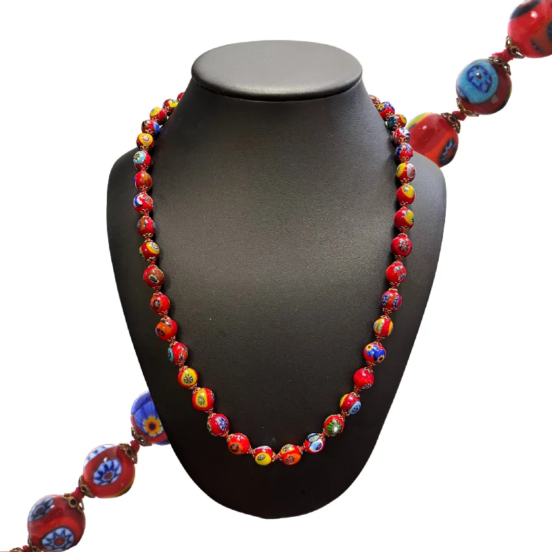 sophisticated necklaces for women -Vintage Murano Millefiori Red Glass Bead Necklace