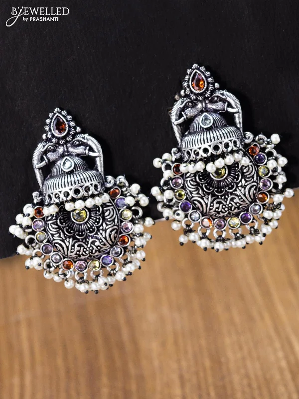 classic dangly earrings for women -Oxidised earring floral design with multicolour stone and pearl hangings