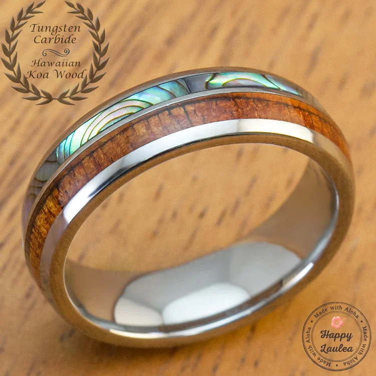 Tungsten Wedding Ring with Abalone Shell and Koa Wood Duo Inlay - 6mm, Dome Shape, Comfort Fitment