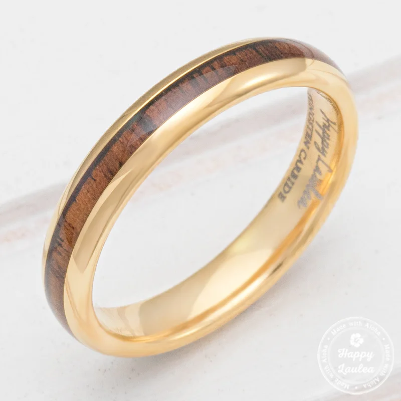 Petite Tungsten Carbide Yellow Gold ION Plated Ring with Hawaiian Koa Wood Inlay - 3mm, Dome Shape, Comfort Fitment