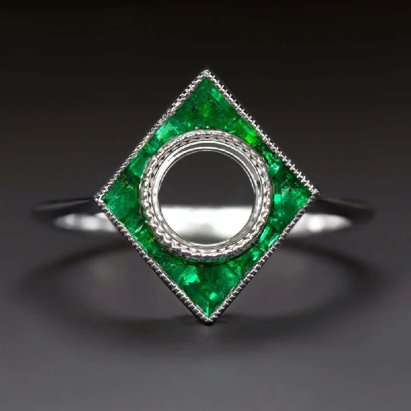 engagement rings with birthstones -EMERALD 6.4mm ROUND ENGAGEMENT RING SETTING MOUNT ART DECO STYLE CALIBRE CUT