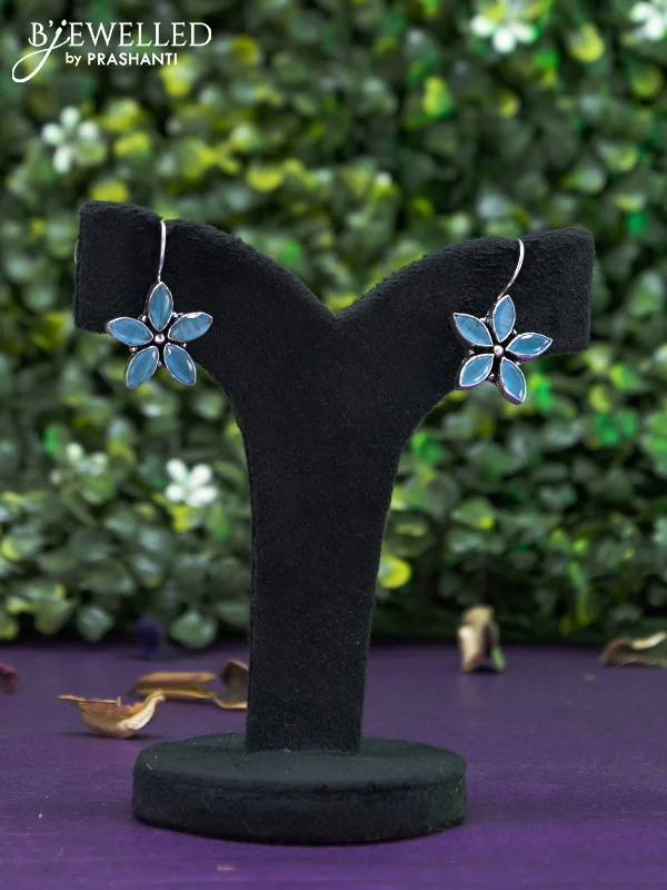 sterling silver earrings -Oxidised hanging type earring floral design with ice blue stones