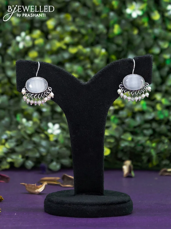 gemstone stud earrings for women -Oxidised hanging type earring with grey stones and pearl hanging