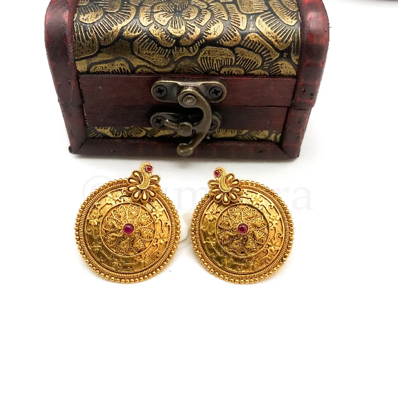 custom designed earrings for women -Traditional Antique Matte Gold Plated Stud Earring with Peacock Motif