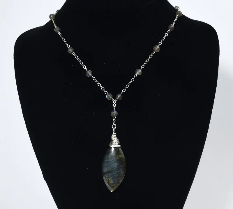 fashion-forward necklaces for women -Labradorite Drop Pendant Sterling Silver Beaded Station Necklace