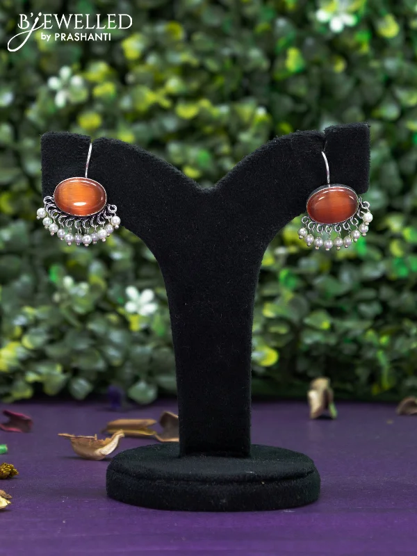 rose gold earrings for women -Oxidised hanging type earring with honey sade stones and pearl hanging