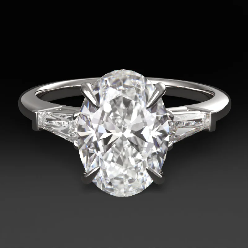 solitaire engagement rings -2ct LAB CREATED DIAMOND ENGAGEMENT RING 3 STONE OVAL SHAPE BAGUETTE WHITE GOLD