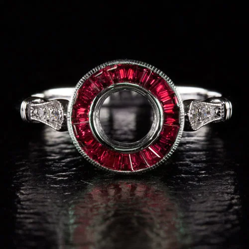 oval cut engagement rings -RUBY ART DECO DIAMOND VINTAGE STYLE HALO ENGAGEMENT RING SETTING SEMI MOUNT