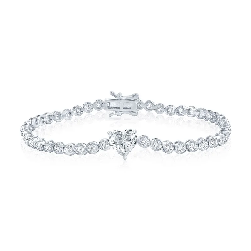 women’s gemstone promise rings -Sterling Silver, Heart & Round CZ Tennis Bracelet