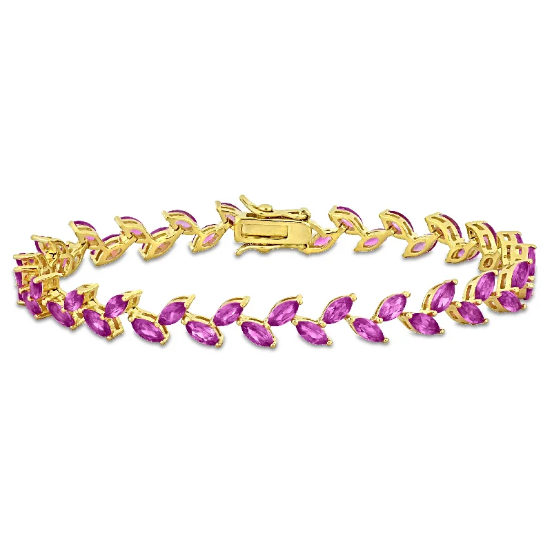 elegant gold bangles for women -Mimi & Max 12ct TGW Created Pink Sapphire Leaf Bracelet in Yellow Silver-7.25 in