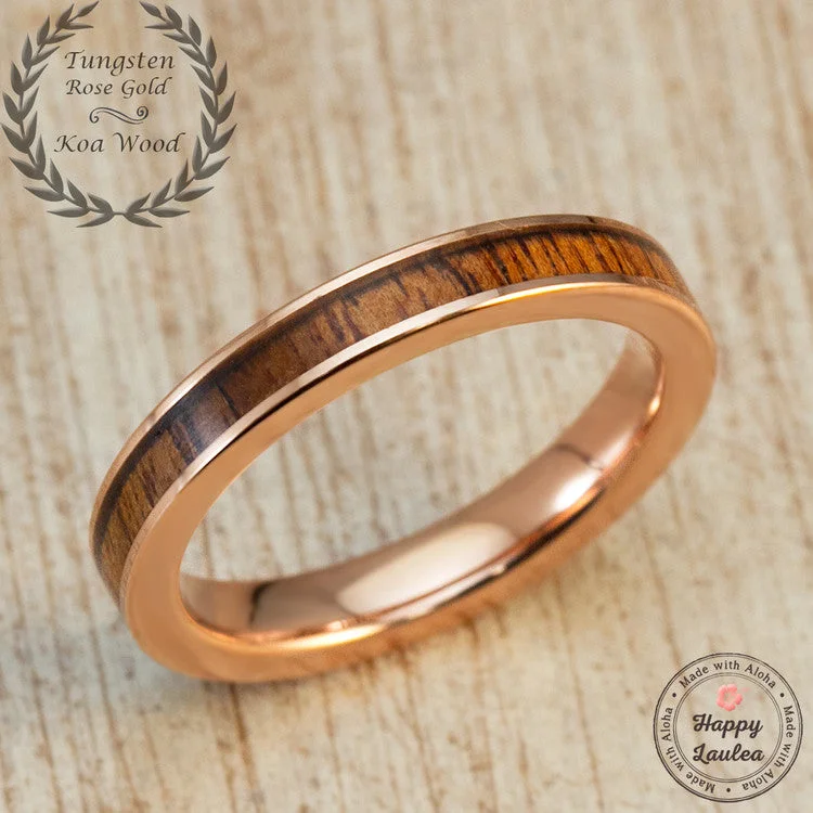 Rose Gold Ion Plated Tungsten Carbide Ring with Hawaiian Koa Wood Inlay - 3mm, Flat Shape, Comfort Fitment