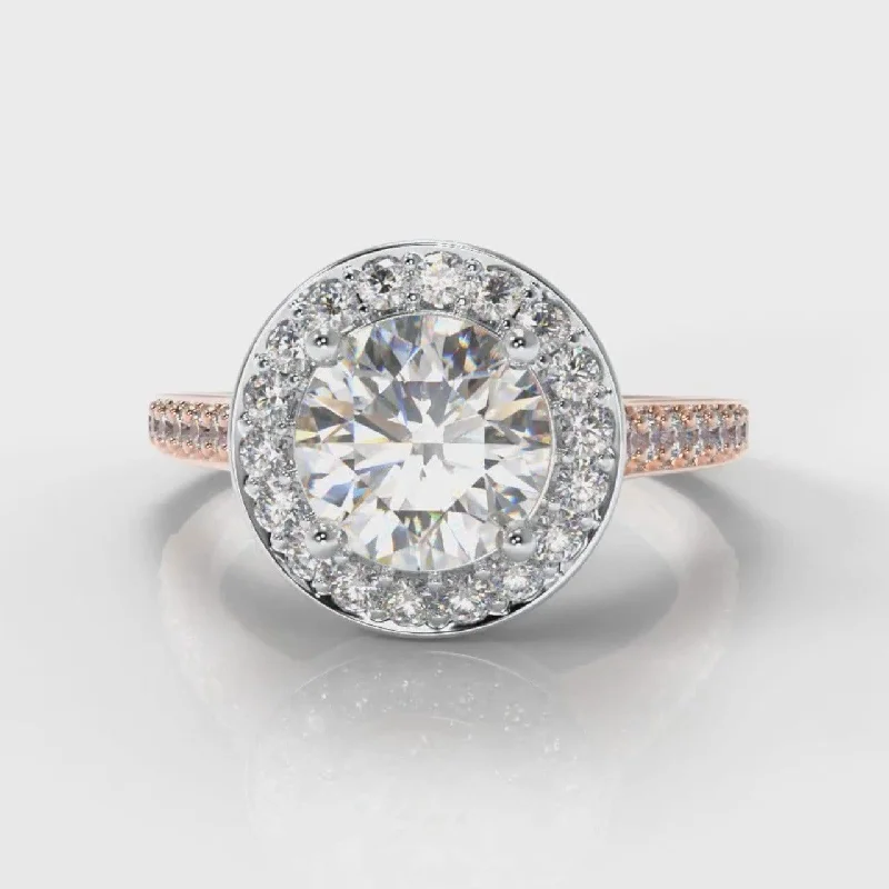 engagement rings with sapphires -Pavé Round Brilliant Diamond Halo Engagement Ring - Two Tone Rose Gold