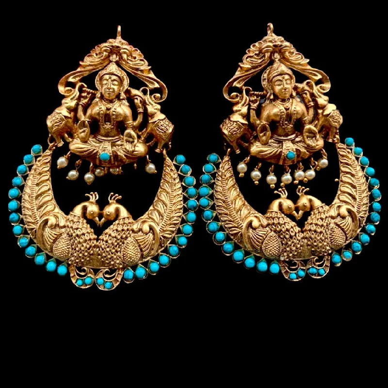 colorful earrings for women -Statement Turquoise Blue Matte Gold Lakshmi Big Earring