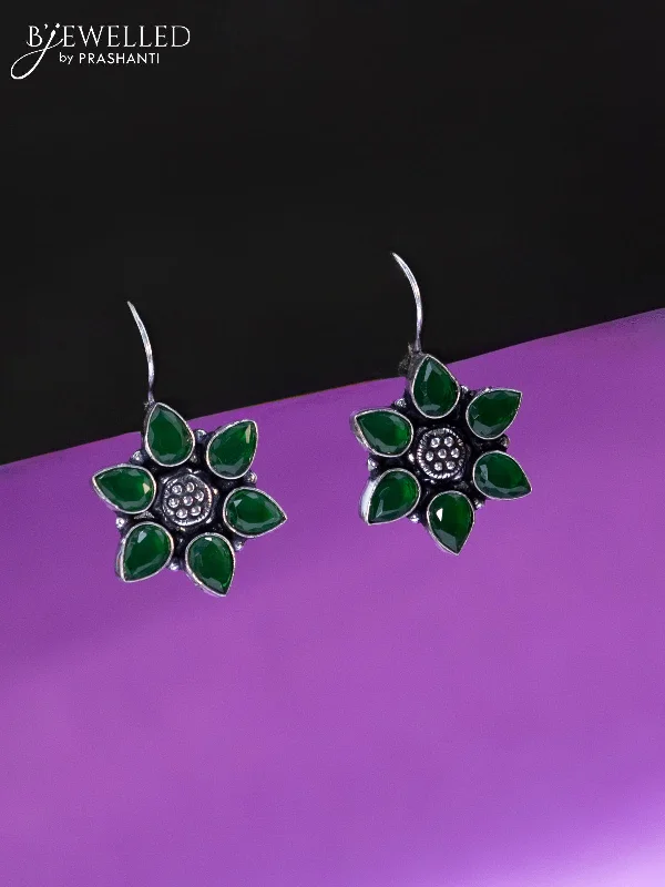 crystal earrings for women -Oxidised hanging type earring floral design with emerald stones