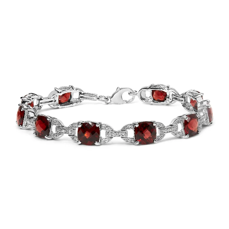 minimalist rings for women -.925 Sterling Silver 7x7mm Checkered Cushion Red Garnet and Diamond Accent Fashion Tennis Link Bracelet