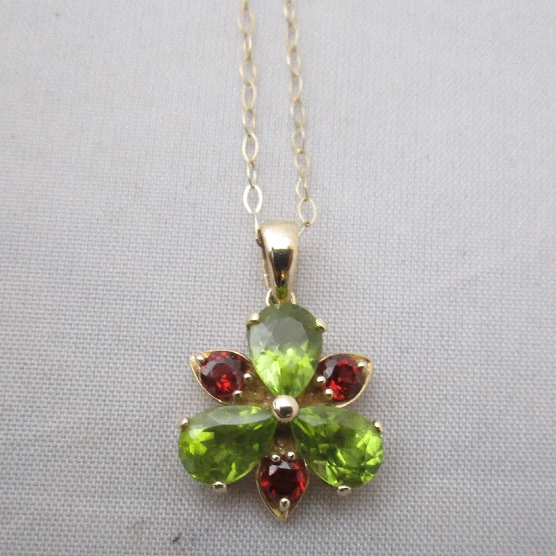 layered chain necklaces for women -9k Gold Peridot And Garnet Flower Pendant Necklace Vintage c1980