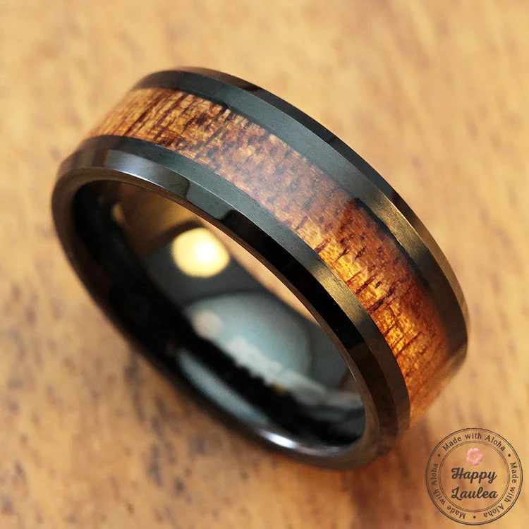 Black Tungsten Carbide Beveled Edge Ring with Koa Wood Inlay, 8-10mm, Flat Shape, Comfort Fitment