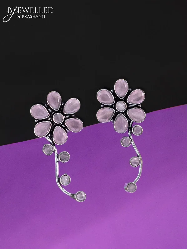 trendy gold earrings for women -Oxidised earrings floral design with baby pink stones