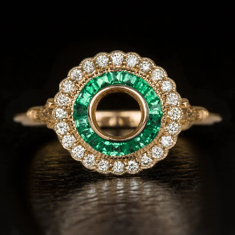 elegant engagement rings -VINTAGE STYLE DIAMOND HALO EMERALD ENGAGEMENT RING SETTING ART DECO ROUND GOLD