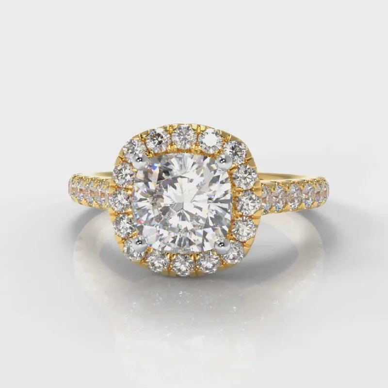 radiant cut diamond engagement rings -Micropavé Cushion Cut Diamond Halo Engagement Ring - Yellow Gold