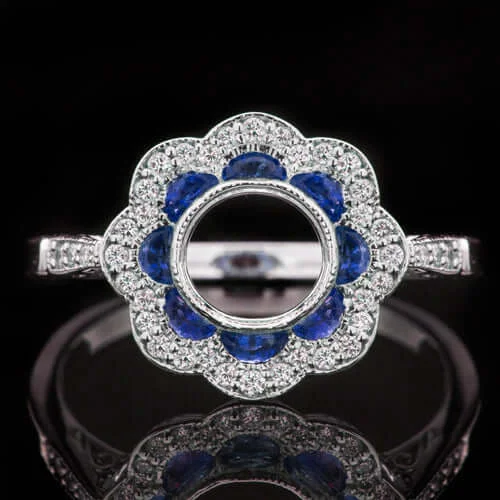 vintage diamond engagement rings -BLUE SAPPHIRE DIAMOND VINTAGE STYLE ENGAGEMENT RING SEMI MOUNT SETTING FLORAL