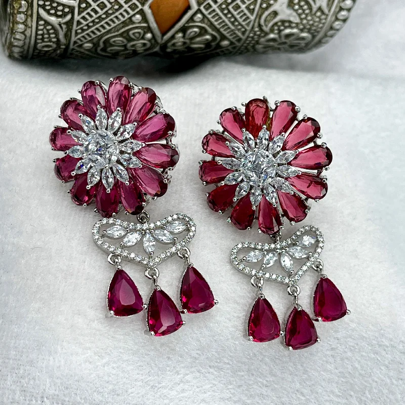 women’s gold drop earrings -Statement Burgandy Red Floral AD Zircon (CZ) Earring